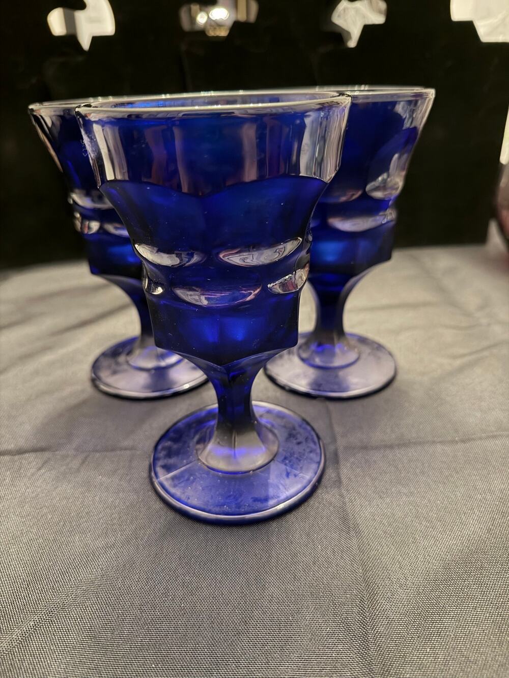 Vintage Viking Glass "Georgian" cobalt blue footed water goblets Set of 3